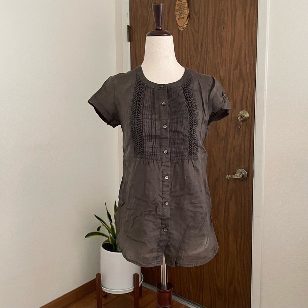 Calvin Klein olive green/ desert taupe short sleeve ramie button up shirt blouse